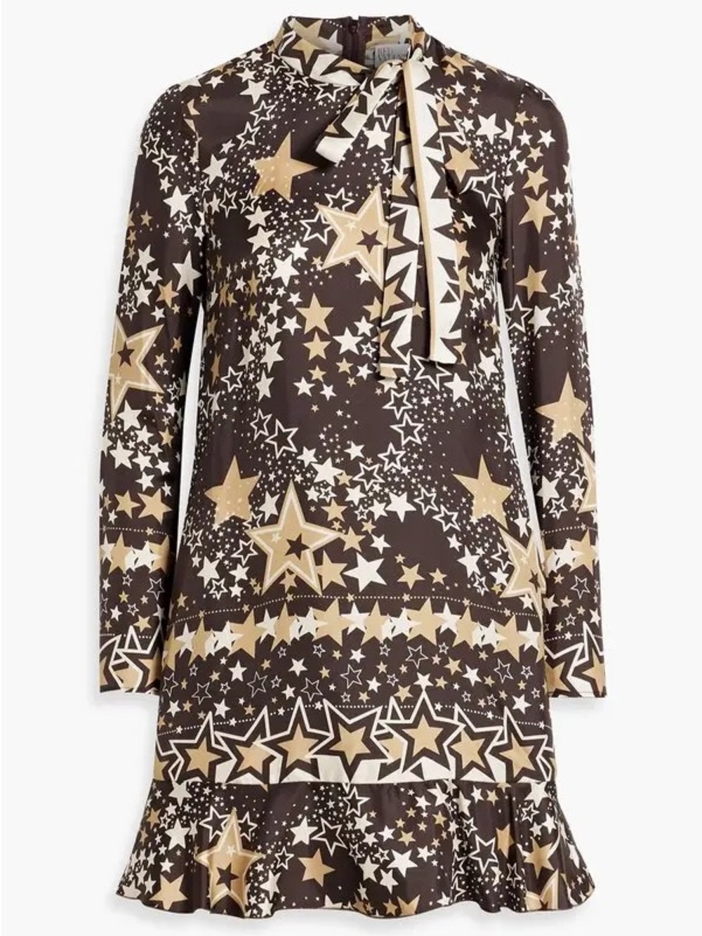 RED Valentino Brown Star-Print Tie-Neck Dress with Cream Accents